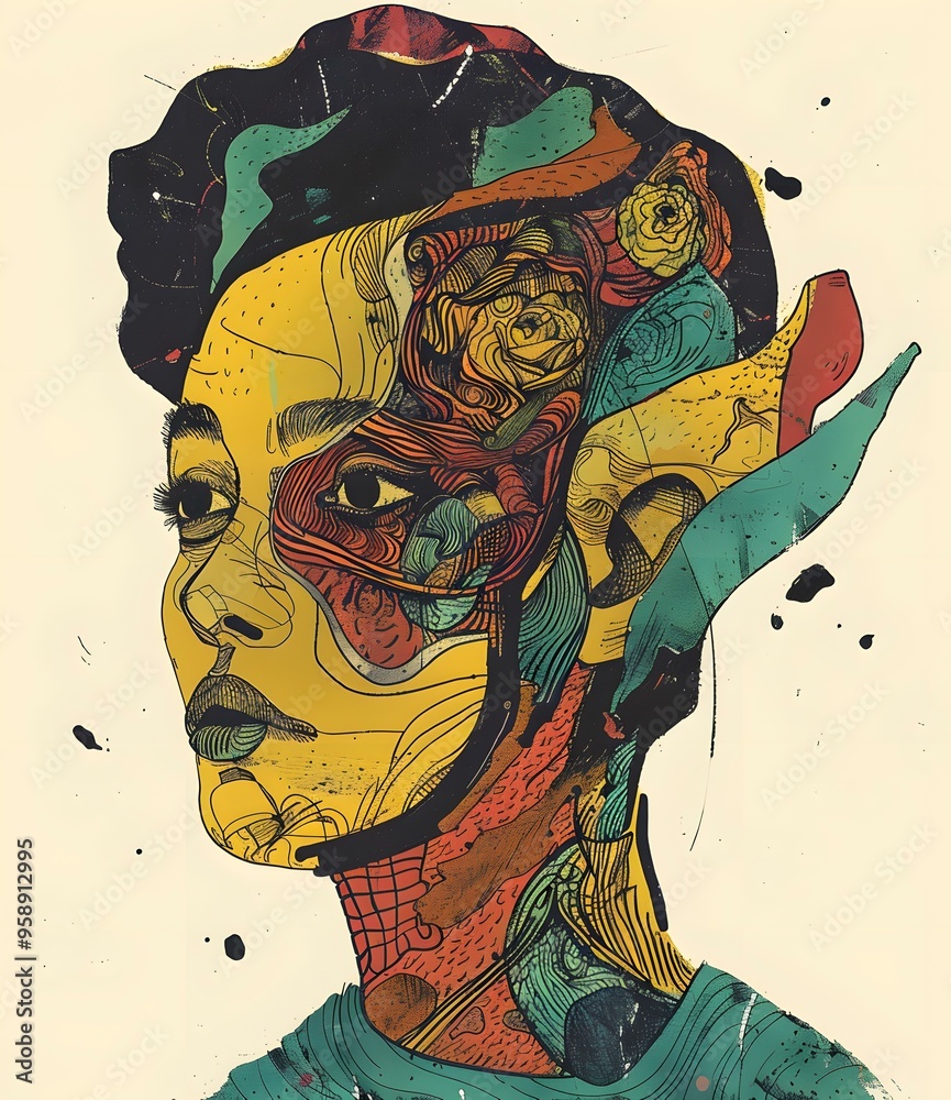 Wall mural abstract portrait of a black woman with detailed lines and shapes