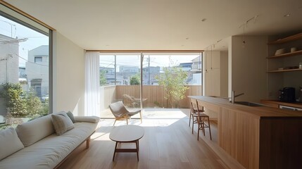 Fototapeta premium Modern Minimalist Living Room with Wooden Floor and Large Windows