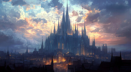 Fantasy landscape with architecture in a painted style.
