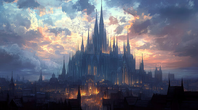 Fantasy landscape with architecture in a painted style.