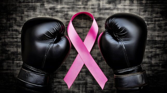 Black boxing gloves and a pink ribbon symbolize the fight against breast cancer.
