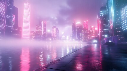 Fototapeta premium Foggy night in a neon city, futuristic skyline glowing bright wallpaper