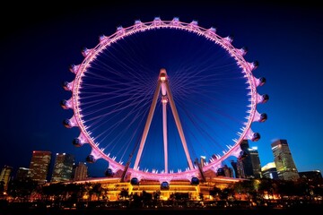 Ferris wheel, towering above, bright lights illuminate the night sky, creating a beacon of fun and excitement