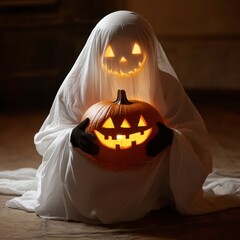 Mysterious glowing figure holds cheerful pumpkin on Halloween night