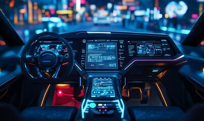 Futuristic Car Interior with Illuminated Dashboard and City Lights