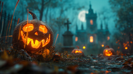 Halloween Scene, Party of pumpkins and zombies in moonlight. Contain Moon 3D rendering, deformed and church with reassembled parts. Generative ai illustrations.