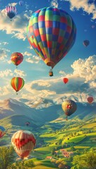 Colorful Hot Air Balloon Festival Over Scenic Countryside Landscape at Sunrise
