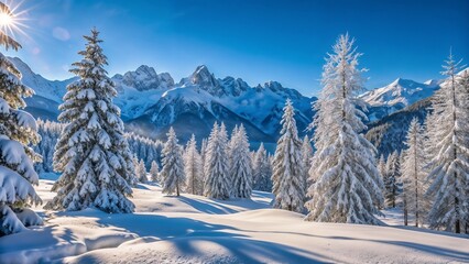 Obraz premium Beautiful snowy mountain landscape with frosted trees and clear blue sky, bright and serene environment