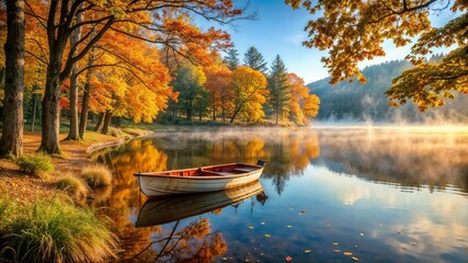 Serene autumn lake with a wooden boat, colorful foliage, and misty reflections in calm water