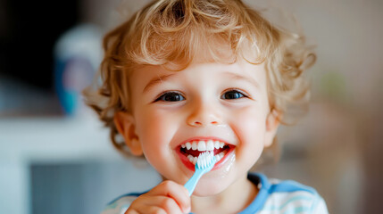 happy smiling little boy brushing his teeth by Toothbrush