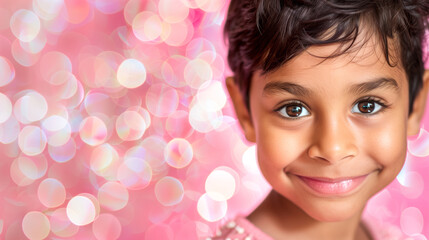 Fototapeta premium A close-up of a young boy wearing a pink dress, posing with a smile