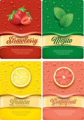many fresh juice drops background with strawberry, mint, lemon, grapefruit. 	
