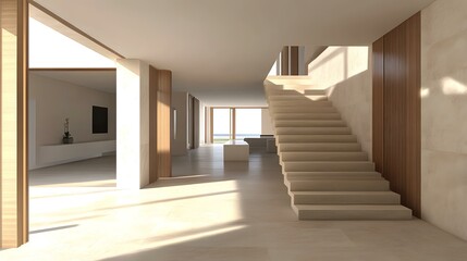 Obraz premium Modern Interior Design with Wooden Stairs and Floor
