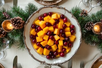 Festive Holiday Table with Mangoes, Cherries, and Evergreen Decor