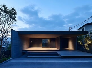 Fototapeta premium Modern Minimalist House Exterior with Concrete Wall and Wooden Deck