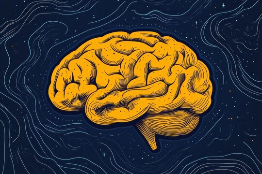 A yellow brain on a blue background, a simple flat illustration with bold lines and shapes, high contrast, and contrasting colors of dark gray and light navy blue Generative AI