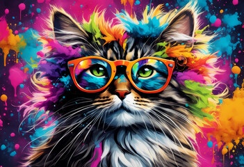 whimsical Cat with crazy hair hilarious  expressions on their faces, wearing funny glasses, pajamas having background alcohol ink splash ultra-detailed. chalk art.  bokeh style <s1><s2>