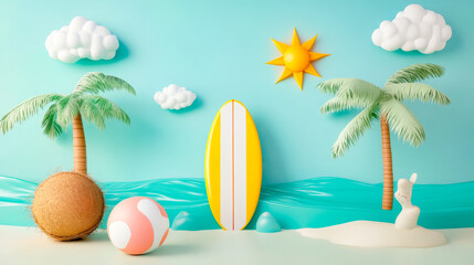 Obraz premium Vibrant paper-crafted beach scene with palm trees and surfboards , summer, tropical, art, bright, color, handcrafted, collage