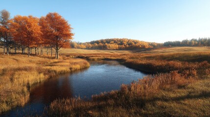 Fototapeta premium Panoramic autumn landscape of a valley with a meandering river and peak fall colors