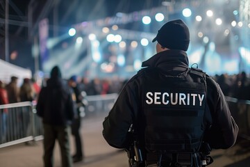 Security guard maintaining vigilance at a nighttime event, ensuring the safety and security of attendees under bright stage lights and a busy atmosphere