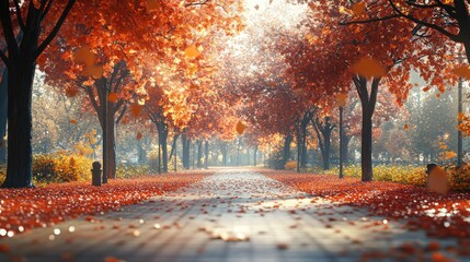 Quiet autumn day in a park with a pathway lined with colorful trees and falling leaves