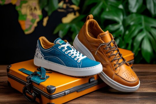 Open suitcase, worn sneakers, adventures ahead show the readiness for exploration and discovery