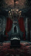 Vampire’s Lair with a Gothic Coffin, Red Drapes, and a Mysterious Shadowy Figure in the Dark