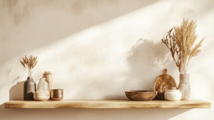 Stylish shelf with decorative items, ample room for text on a simple background.