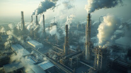 Panoramic view of a petrochemical complex with multiple cooling towers releasing steam on a clear day