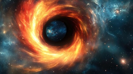 Obraz premium A vibrant depiction of a black hole in space, showcasing cosmic elements and swirling gases.