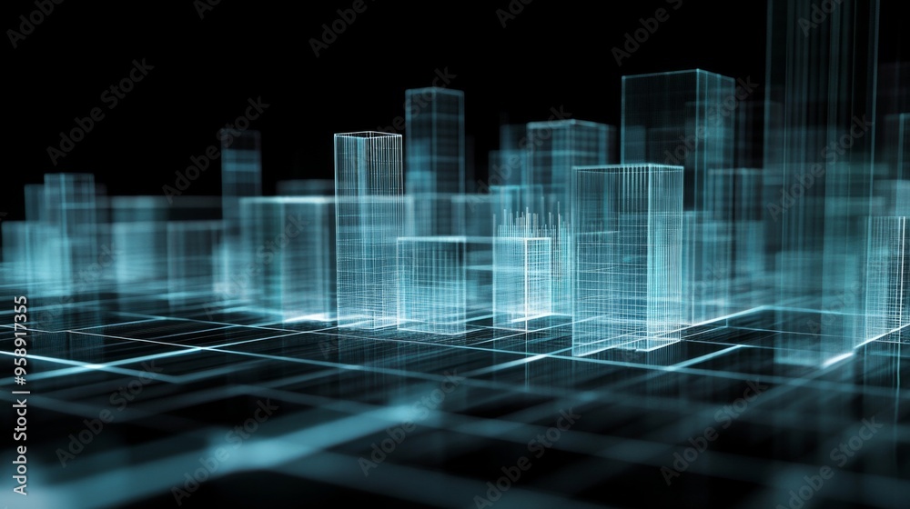 Poster A 3D chart with multiple layers of transparent bars rising from a grid, illustrating complex data trends in a visually striking manner.