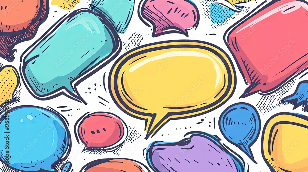 Aufkleber assorted speech bubble text boxes and message balloons in doodle style, featuring space for custom t