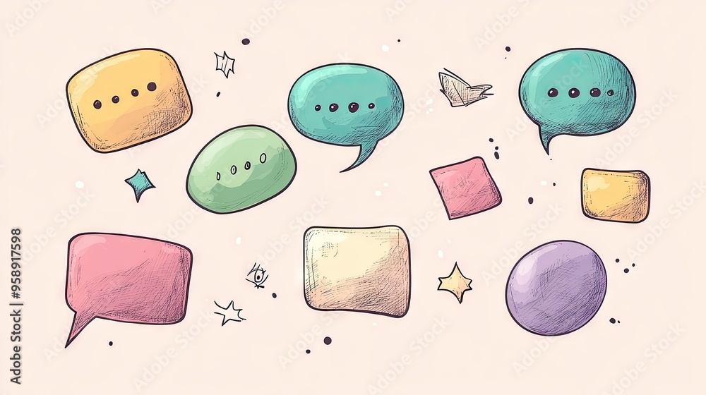 Aufkleber assorted speech bubble text boxes and message balloons in doodle style, featuring space for custom t