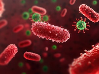 Fototapeta premium Close-up of a bloodstream with bacteria spreading, symbolizing sepsis, dark and foreboding colors, medical theme,