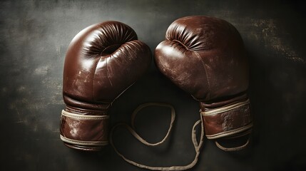 A pair of well-worn brown leather boxing gloves ready for a fight.