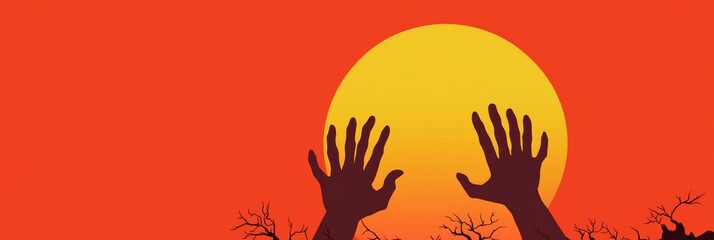 Fototapeta premium Silhouette of Hands Reaching Towards a Vibrant Sunset with a Bold Orange and Yellow Sky
