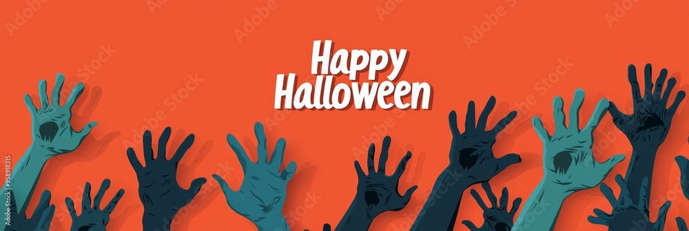 Wall mural Spooky Halloween Banner with Zombie Hands Reaching Up on Orange Background