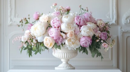 Obraz premium A beautiful arrangement of peonies and roses in a soft pastel palette, displayed in an elegant white room.