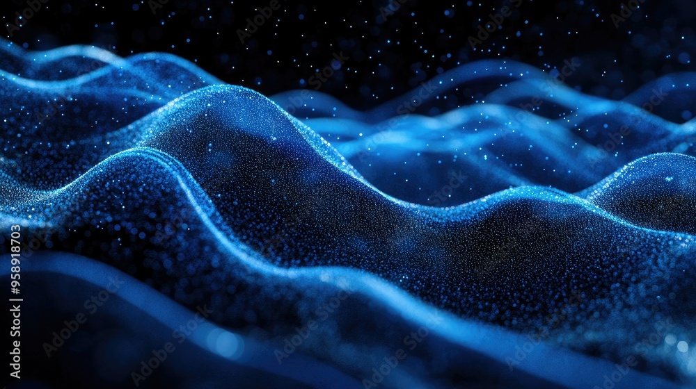 Poster blue horizontal lines of particles creating a wavy effect on a black canvas, ideal for tech visuals 