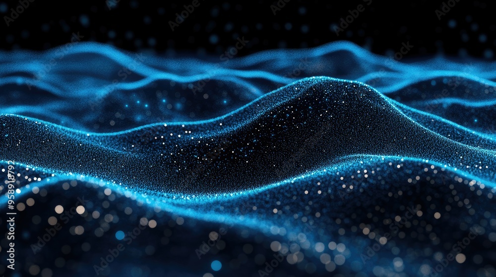 Poster blue horizontal lines of particles creating a wavy effect on a black canvas, ideal for tech visuals 