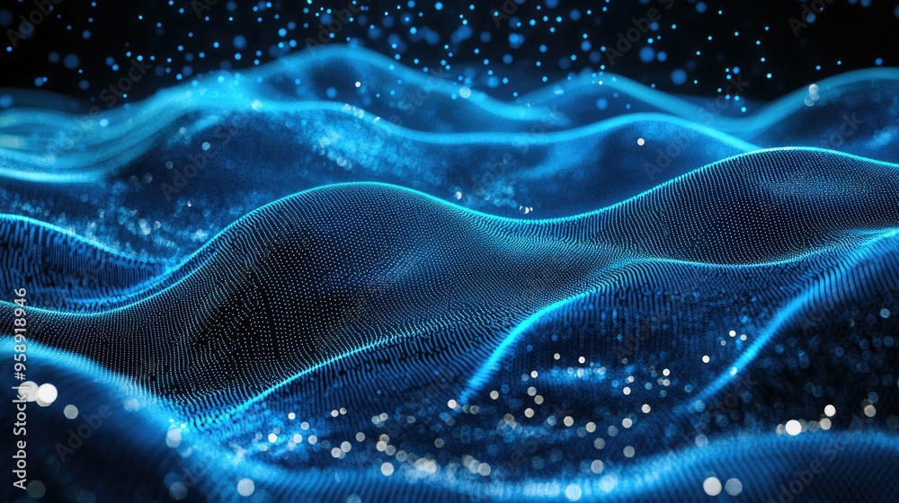 Fototapete Blue horizontal lines of particles creating a wavy, undulating effect on a dark background, emphasizing abstract digital landscapes and communication technology. -