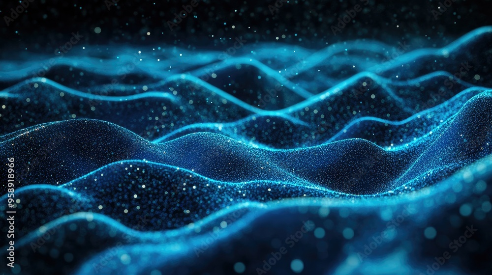 Poster blue horizontal lines of particles creating a wavy, undulating effect on a dark background, emphasiz
