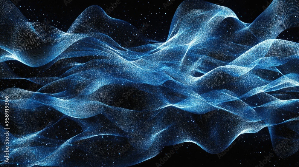 Poster blue horizontal lines of particles creating a wavy effect on a black canvas, ideal for tech visuals 