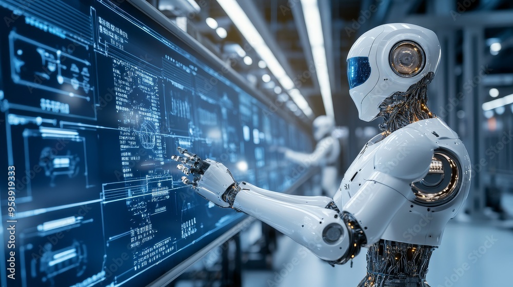 Poster a futuristic robot interacting with a digital interface, showcasing advanced technology and data ana