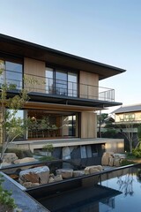 Fototapeta premium Modern Japanese House with Stone Garden and Swimming Pool