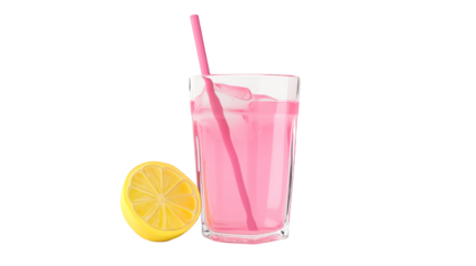 Pink Lemonade with Lemon Slice and Straw in Glass