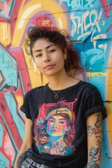 Fototapeta premium Confident Individual in Pride T-Shirt Against Vibrant Graffiti Wall - Design for Posters and Cards