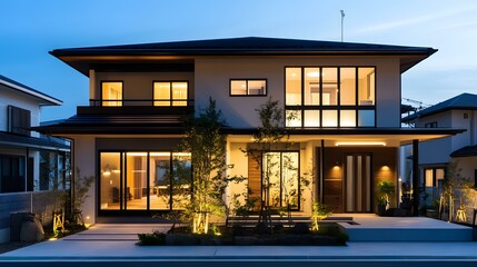 Obraz premium Modern Japanese Style House Exterior Design with Lighting at Dusk