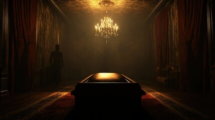 Vampire’s Lair with a Gothic Coffin, Red Drapes, and a Mysterious Shadowy Figure in the Dark