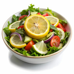 cold mangal salad with lemon slice with white background